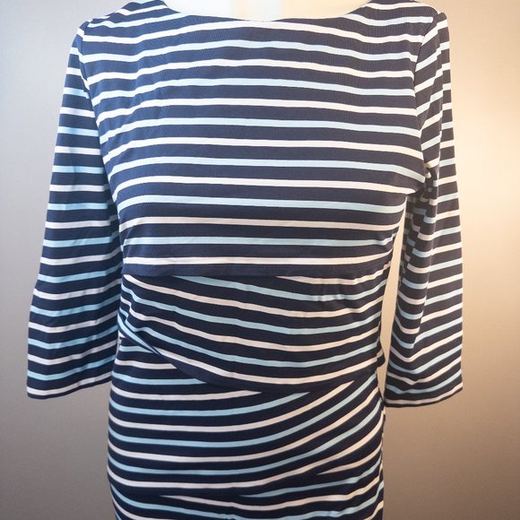 J Mclaughlin Size Medium Dress Nicola Blue Stripe Sheath Knee Length Comfort - Picture 5 of 11